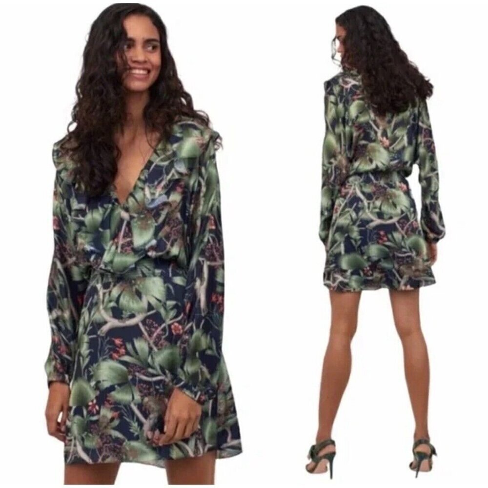 Johanna Ortiz x H&M Dress Women XS Green Patterned Flounce Floral Vacation‎ N192